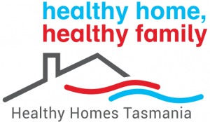 The Healthy Homes Tasmania Logo is depicted as a roofline with single line waves to represent hot and cold airflow. Healthy Home, Healthy Family, Healthy Lifestyle, Healthy Homes Tasmania
