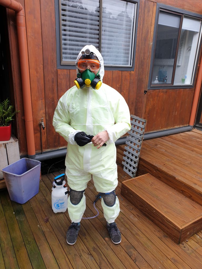 Marty Bohata wearing Full PPE when undertaking mould remediation and eradication work.